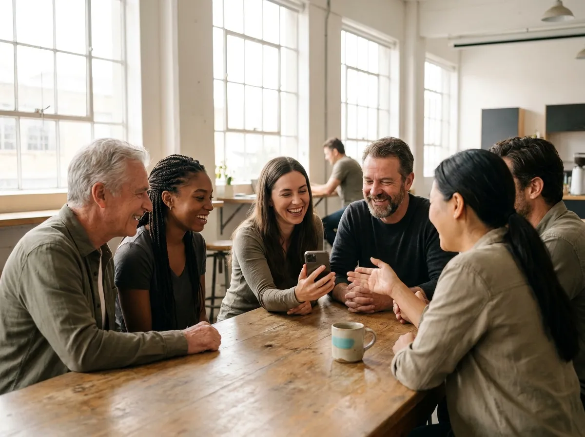 A diverse group of people sharing and connecting through their phones.
