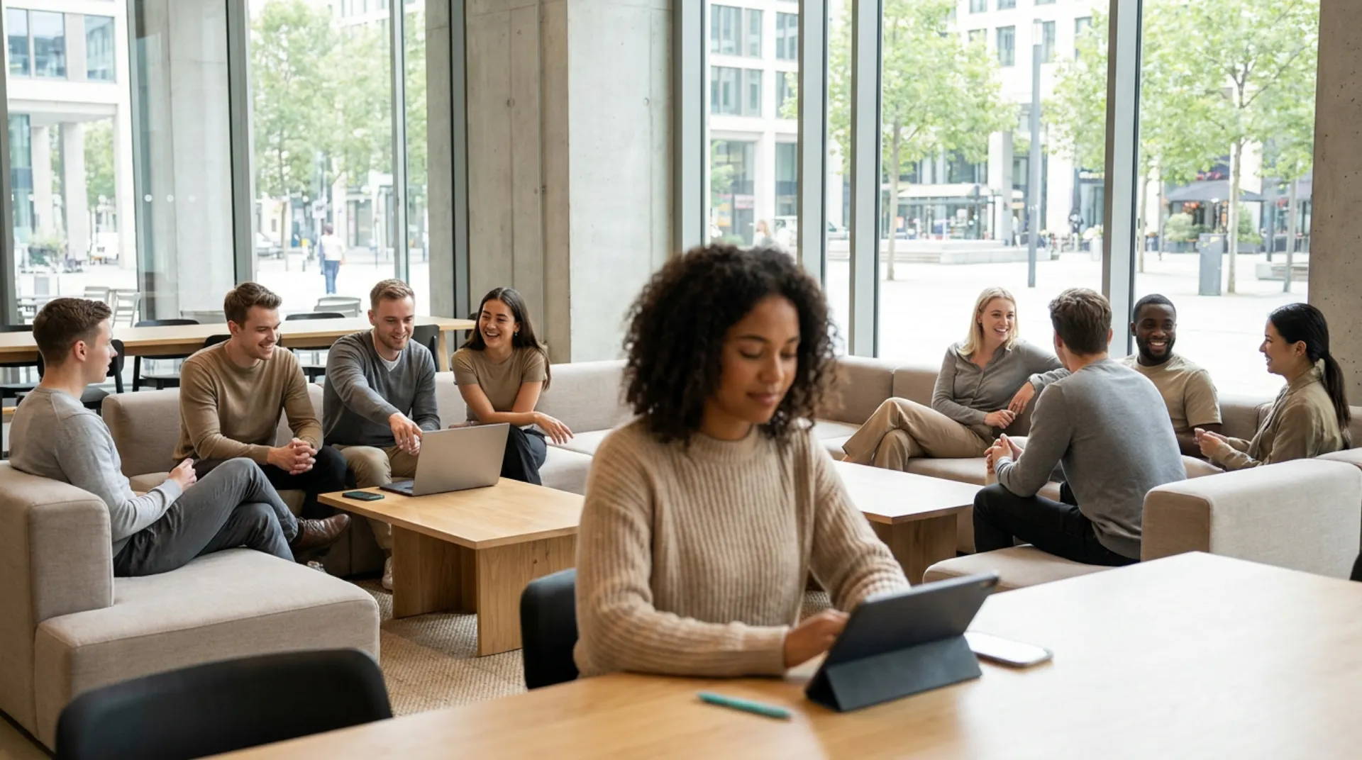 Diverse adults working and communicating within a modern connected urban creative environment.