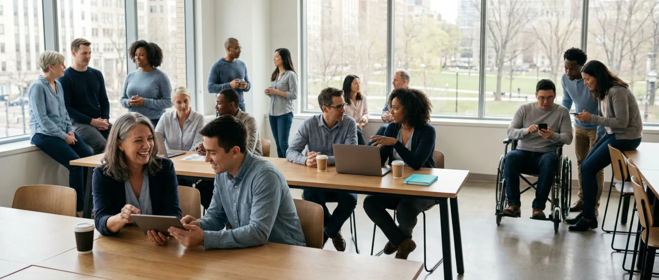 A diverse group of people connected through everyday digital life across an international setting.