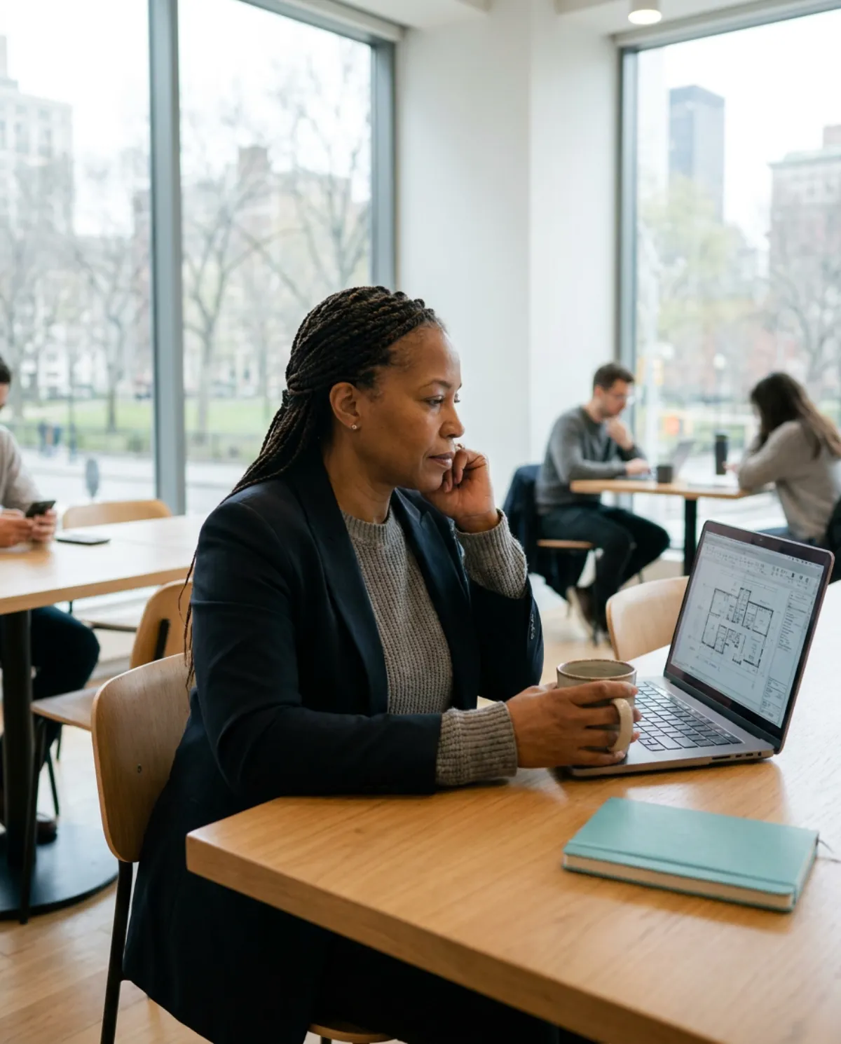 A focused professional reviewing information on screens in a calm, modern workspace.